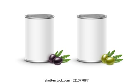 Olives tin can packaging. Vector illustration isolated on white background