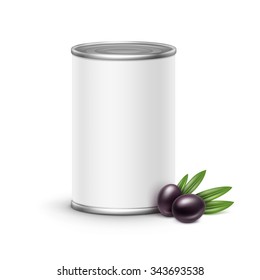 Olives tin can packaging. Vector illustration isolated on white background