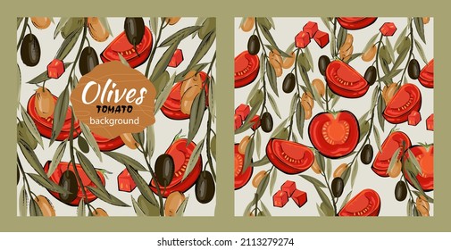 Olives and tomato background with seamless pattern, hand drawn color vector illustration. Italian, Greece or mediterranean cuisine backdrops set.