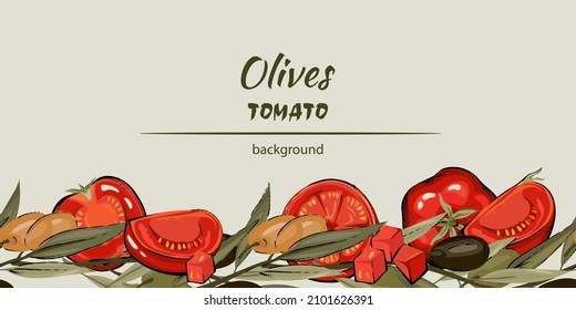 Olives and tomato repeatable background or seamless border design, hand drawn color vector illustration isolated on background. Italian, Greece or mediterranean cuisine endless seamless backdrop.