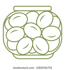Olives in a transparent glass jar. Simple icon in doodle style. Vector illustration isolated on white background.