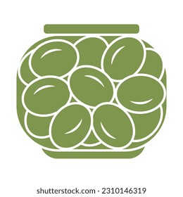 Olives in a transparent glass jar. Simple icon in doodle style. Vector illustration isolated on white background.