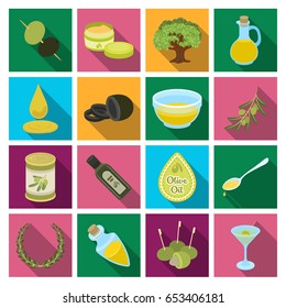 Olives, tree, branch and other products from olives.Olives set collection icons in flat style vector symbol stock illustration web.