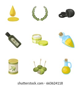 Olives, tree, branch and other products from olives.Olives set collection icons in cartoon style vector symbol stock illustration web.
