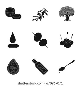 Olives, tree, branch and other products from olives.Olives set collection icons in black style vector symbol stock illustration web.