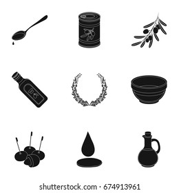 Olives, tree, branch and other products from olives.Olives set collection icons in black style vector symbol stock illustration web.