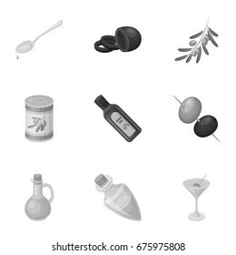 Olives, tree, branch and other products from olives.Olives set collection icons in monochrome style vector symbol stock illustration web.