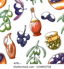 Olives vector hand drawn seamless pattern. Black and green olive fruits, branches with leaves, oil in jug illustrations on white background. Colorful sketch plant the background