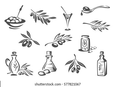 Olives vector icons of olive oil seasoning or dressing bottle, tree branch, green olives in alcohol cocktail drink, pickled snack in bowl for product package design