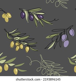 Olives vector seamless pattern on grey background.