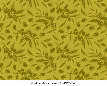 Olives vintage pattern. Olive branches retro vector illustration. Food texture. Drawn nature plants surface.