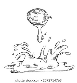 Olives with and without pits and splashes of olive oil, black and white drawing. Botanical illustration in ink, hand drawing.