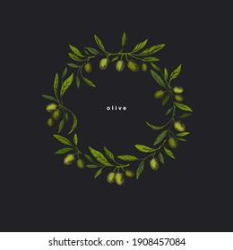 Olives wreath. Vector engraved branch, green fruits in circle. Graphic texture illustration in grunge style. Vintage design. Greek mediterranean food