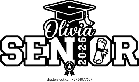 Olivia Senior 2026 Graduation Cap Diploma Scroll Award Badge Typography T-Shirt  Design Vector
