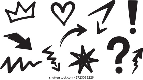 Colección de símbolos de doodle dibujados a mano negros que incluyen flechas, corona del corazón y signo de exclamación aislados en blanco