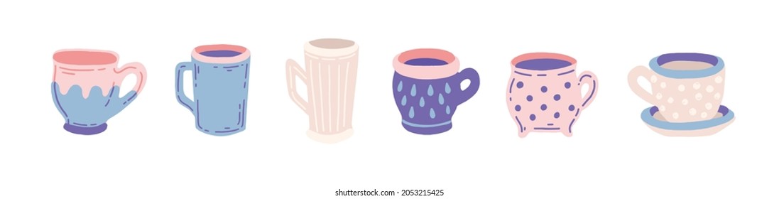 ollection of different modern cups decorated with design elements vector flat illustration. Set of colored mugs filling by beverages isolated. 