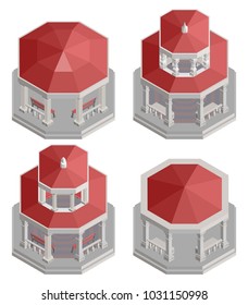 ollection of old isometric columns gazebo with red roofs vector