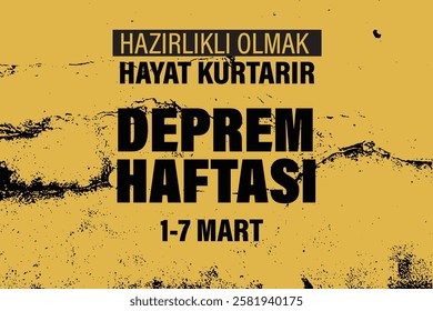 Hazırlıklı olmak hayat kurtarır. Deprem Haftası. 1 - 7 Mart. Translation: Being prepared saves lives. March 1-7, Earthquake Week