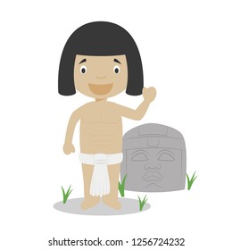 Olmec cartoon character with typical sacred sculpture. Vector Illustration. Kids History Collection.