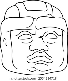 Olmec stone head from Mexican culture. Black and white drawing of Olmec stone sculpture. Clipart. Outline