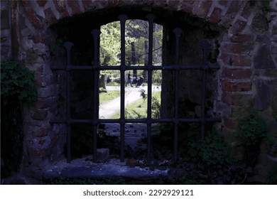 Olomouc, Czech Republic, April 22.2023. Ancient window in shade with walking man in background park vector illustration