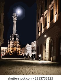 Olomouc, Czech Republic, June 06.2023. Night moon in city centre low fidelity vector illustration