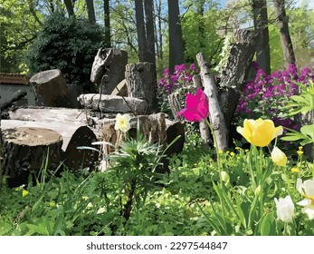 Olomouc, Czech Republic, May 03.2023. Green nature and flowes in public park vector illustration