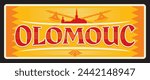 Olomouc retro travel plate, czech region sticker with heraldic crossed axes or swords and castle. Touristic postcard, board or plaque, vector vintage banner of Czech Republic, Polish Olomuniec