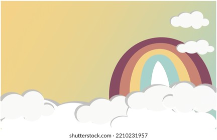 olor Rainbow With Clouds, With Gradient Mesh, Vector Illustration. Light blue cloudscape background with rainbow. copy space. Cloudy soft landscape background. sunset color