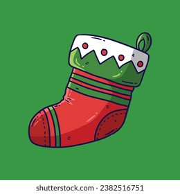 olorful decorated christmas socks in Cartoon Vector style, christmas stocking, sock-shaped bags for winter holidays design