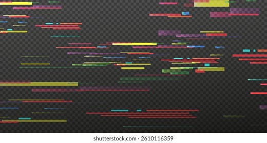 olorful glitch lines and digital noise distortion effect on transparent dark checkered background. Abstract horizontal interference bars. Glitch effect template