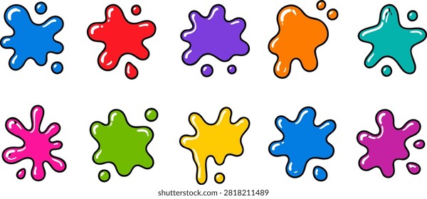 olorful paint splash and splatter icon set vector illustration. Cute cartoon liquid blobs, slime stains, and ink drops collection isolated on white background
