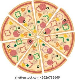 olorful pizza slice topping cheese mushroom onion ham delicious food vector illustration fast food italian cuisine cartoon style flat design snack restaurant icon meal graphic tasty ingredient