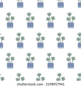  olorful seamless pattern with beautiful houseplants. Flat cartoon vector illustration.