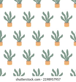  olorful seamless pattern with beautiful houseplants. Flat cartoon vector illustration.