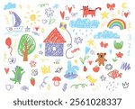 olorful Set of Childish Drawings. Naive Pencil Sketches of Various Objects Including House Tree Rainbow Sun Clouds Flowers. Bright Crayon Doodle Elements. Vector Flat Illustration Isolated on White