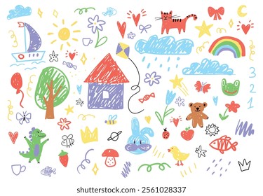 olorful Set of Childish Drawings. Naive Pencil Sketches of Various Objects Including House Tree Rainbow Sun Clouds Flowers. Bright Crayon Doodle Elements. Vector Flat Illustration Isolated on White