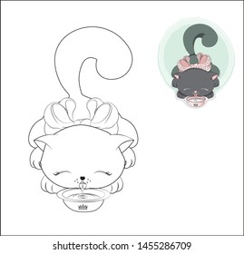 oloring book, the little kitten princess, cat, drinks milk from a bowl, eats