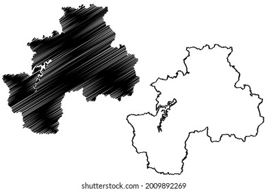 Distrito de Olpe (República Federal de Alemania, Estado de Renania del Norte-Westfalia, NRW, región de Arnsberg) mapa de ilustración vectorial, dibujo garabato mapa de Olpe