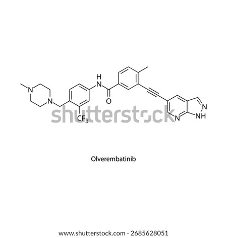Olverembatinib molecular structure, potent BCR-ABL tyrosine kinase inhibitor for resistant chronic myeloid leukemia therapy, clean scientific vector diagram, flat skeletal chemical formula isolated