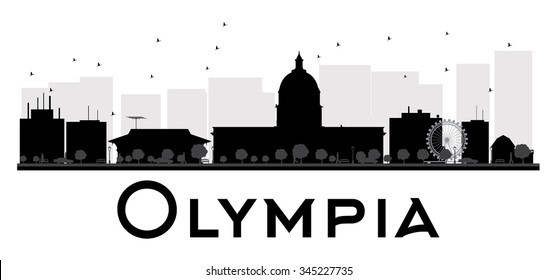 Olympia City Skyline schwarz-weiß Silhouette. Vektorgrafik. Einfaches flaches Konzept für touristische Präsentation, Banner, Plakate oder Website. Geschäftsreisekonzept. Stadtbild mit Wahrzeichen