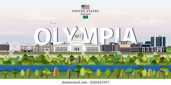 Olympia city skyline colorful vector illustration. Travel poster