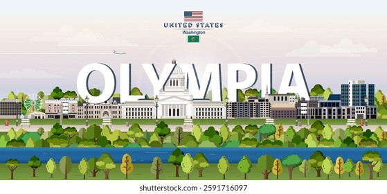 Olympia city skyline colorful vector illustration. Travel poster