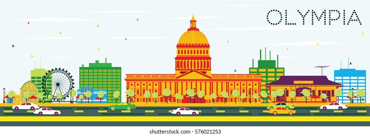 Olympia Skyline with Color Buildings and Blue Sky. Vector Illustration. Business Travel and Tourism Concept. Image for Presentation Banner Placard and Web Site.