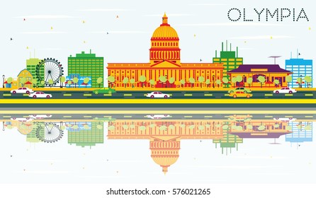 Olympia Skyline with Color Buildings, Blue Sky and Reflections. Vector Illustration. Business Travel and Tourism Concept. Image for Presentation Banner Placard and Web Site.