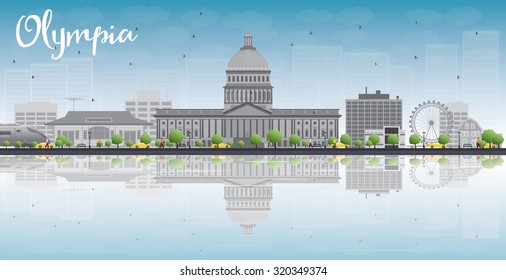 Olympia (Washington) Skyline with Grey Buildings, Blue Sky and reflections. Vector Illustration. Business travel and tourism concept with place for text. Image for presentation, banner, placard.