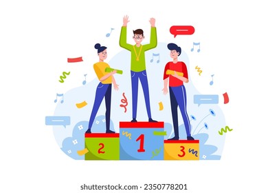 Olympiada concept with people scene in the flat cartoon design. Prize-winners of school olympiads stand on the podium for awarding. Vector illustration.