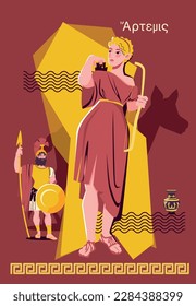 Olympian gods flat collage poster beautiful woman goddess and text Arthemis poses in a brown and red outfit behind her stands a greek soldier in a military uniform vector illustration