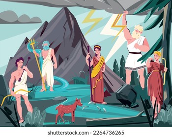 Olympian gods flat colored composition gods standing in the natural landscape against a background of mountains forests and water vector illustration