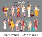 Olympian gods flat icon set with athena appolo hera zeus hestia demeter aphrodite ares hermes hephaestus poseidon artemis figures vector illustration